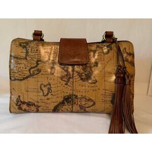 Patricia Nash Rienzo Leather European Map Shoulder handbag satchel tan